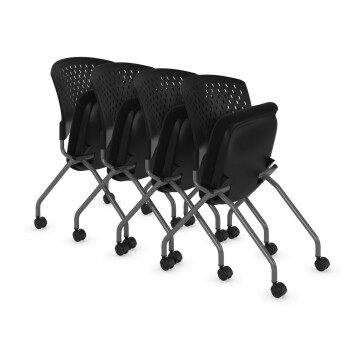 four chairs folded up together on wheels